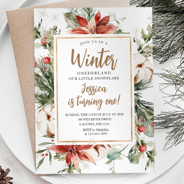 Invitation Noël Floral Hiver Onederland Anniversaire (Créateur téléchargé)
