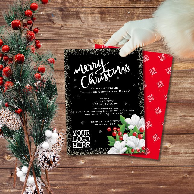 Invitation Noël Floral Noir Élégant |Baies de neige Blanche (Créateur téléchargé)
