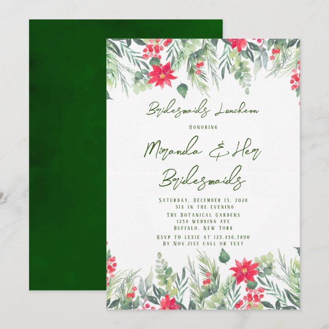 Invitation Noël Floral Paint Leaf Bridesservantes Déjeuner (Devant / Derrière)