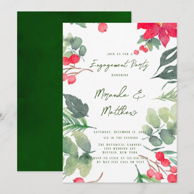 Invitation Noël Floral Peinture verte Fiançailles (Devant / Derrière)