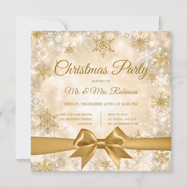 Invitation Noël Gold Hiver Étincelle Ruban (Devant)