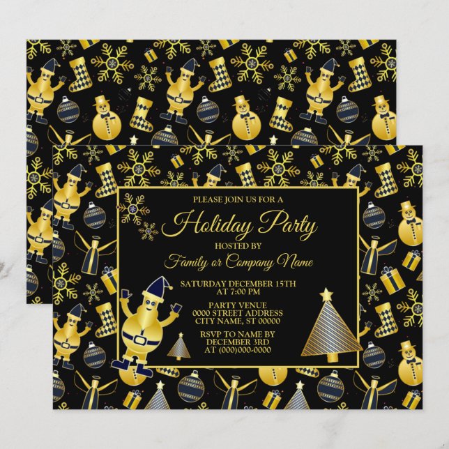 Invitation Noël Gold Père Noël Snowman Stocking Motif cadeau (Devant / Derrière)