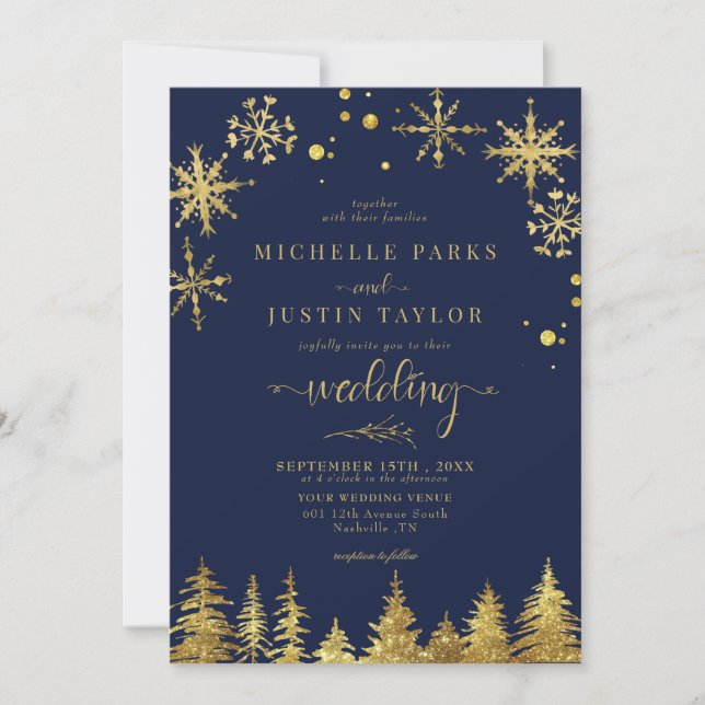 Invitation Noël Gold Pine Mariage I (Devant)