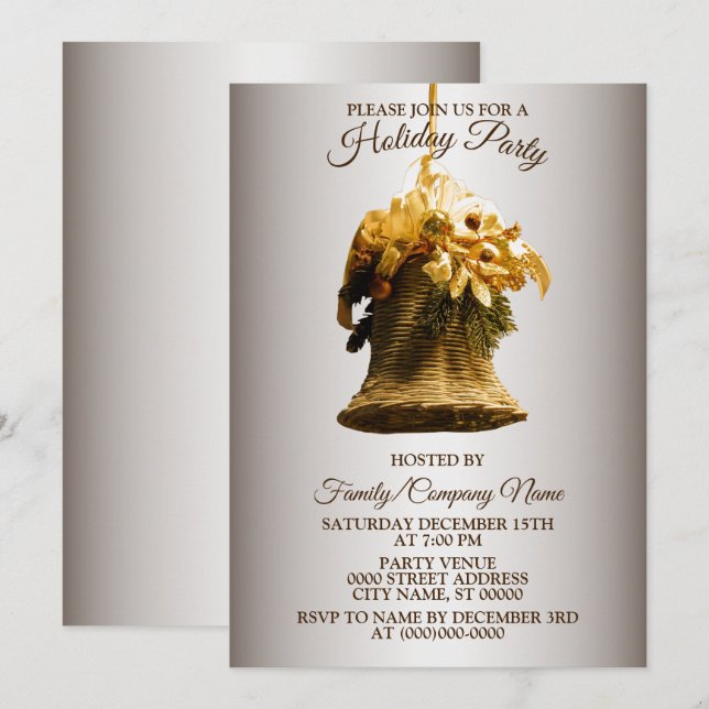 Invitation Noël Golden Bell Fleur Jaune Fête Fête (Devant / Derrière)