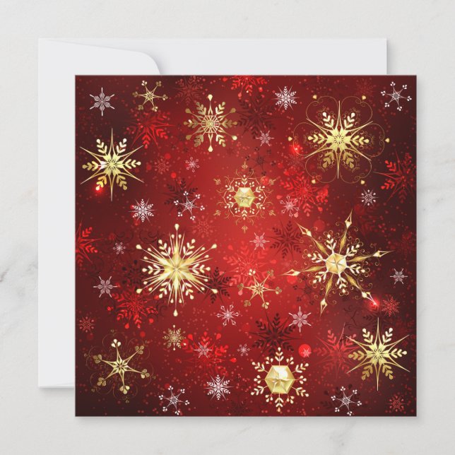 Invitation Noël Golden Snowflakes sur Arrière - plan rouge (Devant)