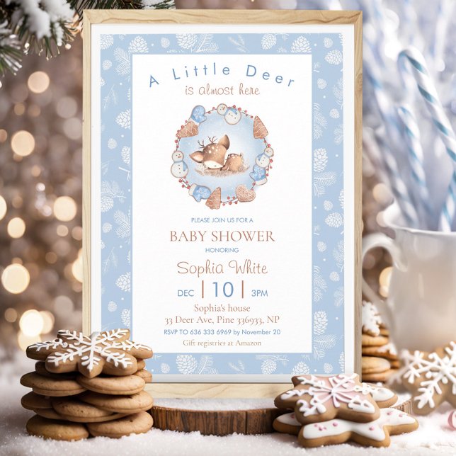 Invitation Noël Hiver Blue Deer Pine Cone Baby shower (Christmas Winter Blue Deer Pine Cone Baby Shower Invitation)