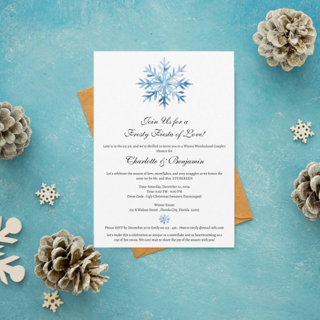 Invitation Noël Hiver Flocon de neige bleu Couple Douche (Créateur téléchargé)