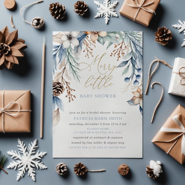 Invitation Noël Hiver Floral Joyeux Petit Baby shower (Christmas Winter Floral Merry Little Baby Shower Invitation)