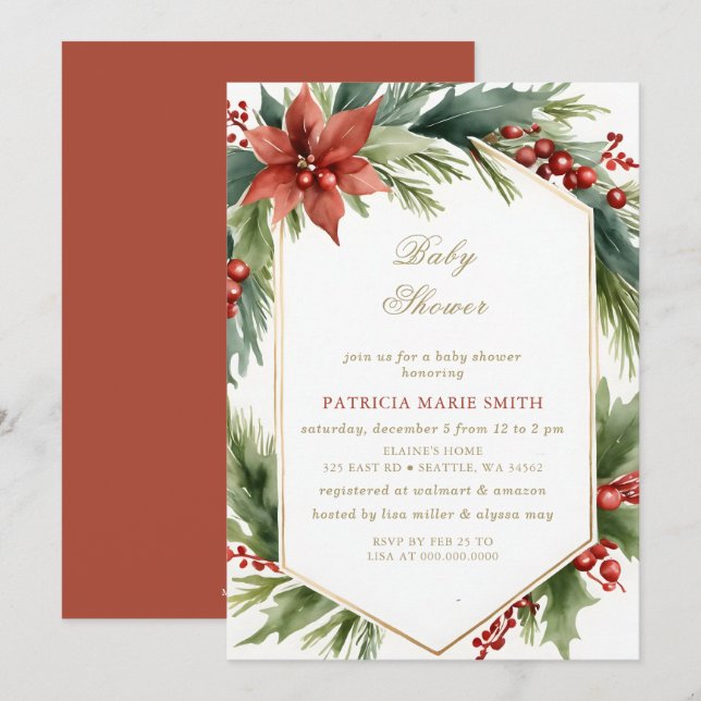 Invitation Noël hiver Floral Vert Baby shower or (Devant / Derrière)