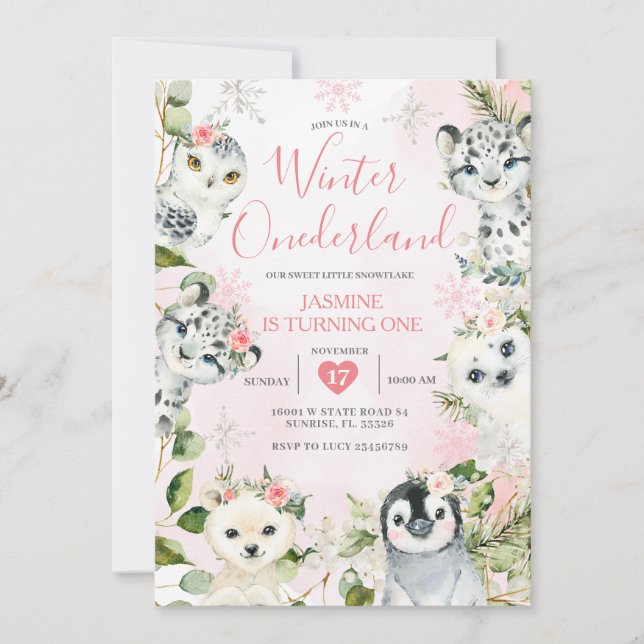 Invitation Noël Hiver ONE derland Arctic Animaux Floral (Devant)