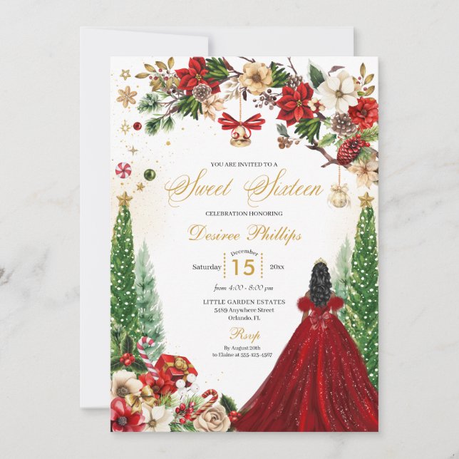Invitation Noël hiver Rouge or Poinsettia Sweet sixteen (Devant)