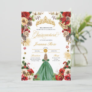 Invitation Noël hiver Rouge vert Poinsettia Quinceanera
