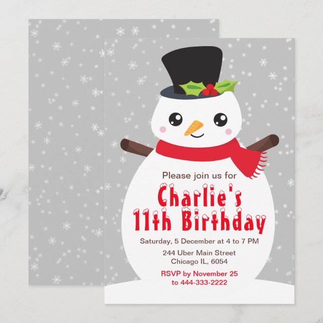 Invitation Noël hiver Snowman Anniversaire Silver Grey Invi (Devant / Derrière)