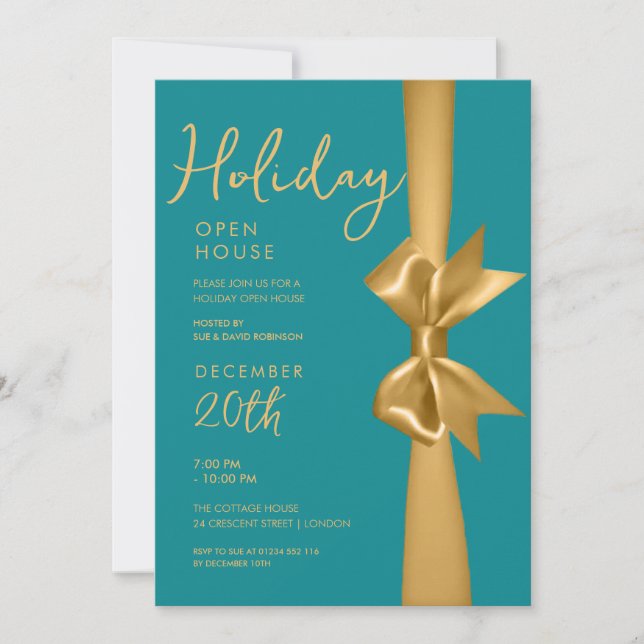 Invitation Noël Holiday Open House Gold Ribbon Turquoise (Devant)