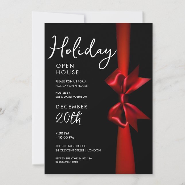 Invitation Noël Holiday Open House Rouge Ribbon Noir (Devant)