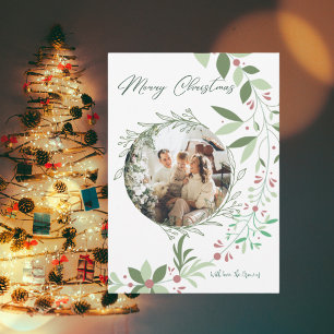 Invitation Noël Holly Botanical Green Photo Marine