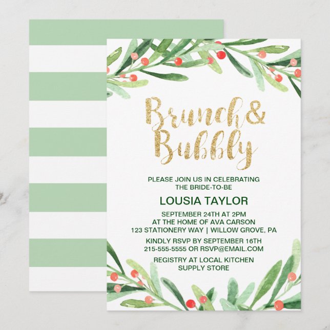 Invitation Noël Holly Wreath Brunch & Bubbly (Devant / Derrière)