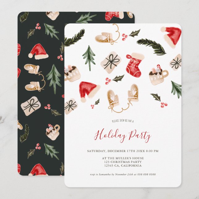 Invitation Noël illustration aquarelle fête (Devant / Derrière)