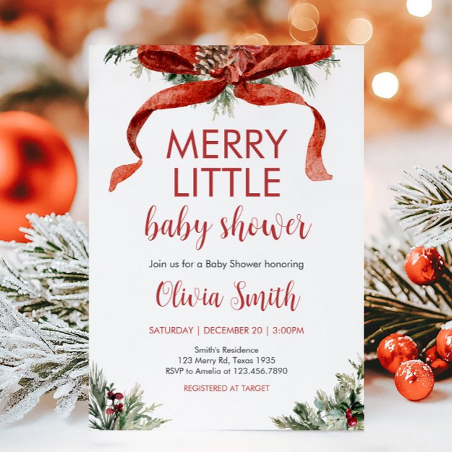 Invitation Noël Joyeux petit Baby shower (Red Bow Merry Little Christmas Baby Shower Invitation)