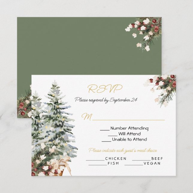 Invitation Noël Mariage d'hiver RSVP Menu Choix (Devant / Derrière)