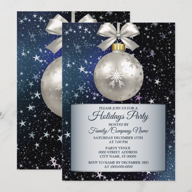 Invitation Noël Marine Bleu Ornement Blanc Étoiles brillantes (Devant / Derrière)