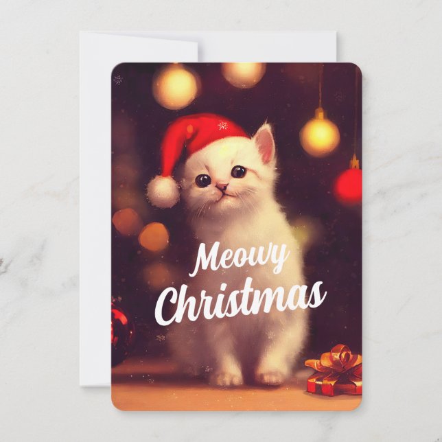 Invitation Noël Meowy Avec Cute White Kitten (Devant)