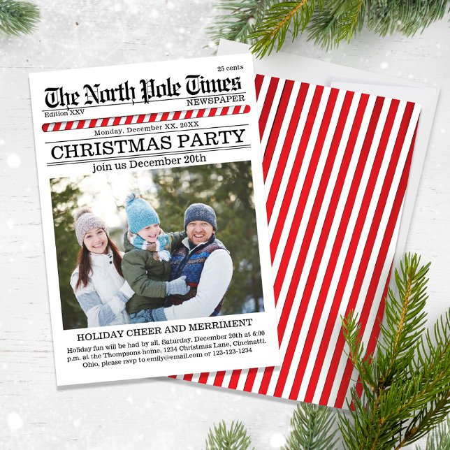 Invitation Noël mignonne fête de vacances journal Whimsical (A Cute fun whimsical Christmas party invitation with a fu newspaper template. )