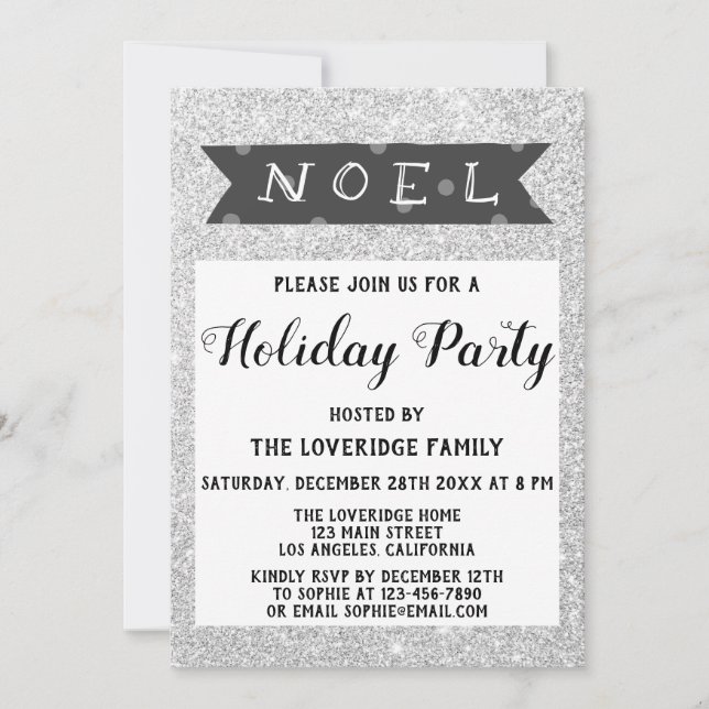 Invitation Noel Noël Fête Gray Silver Parties scintillant (Devant)