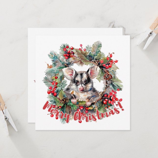 Invitation Noël Opossum Berries Holly Feuilles (Devant/Arrière en situation)
