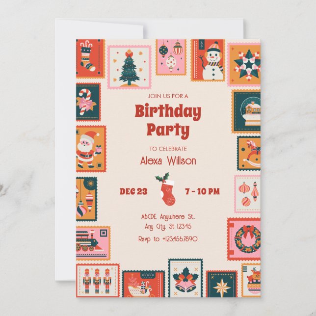 Invitation Noël ornements postage stmap anniversaire (Devant)