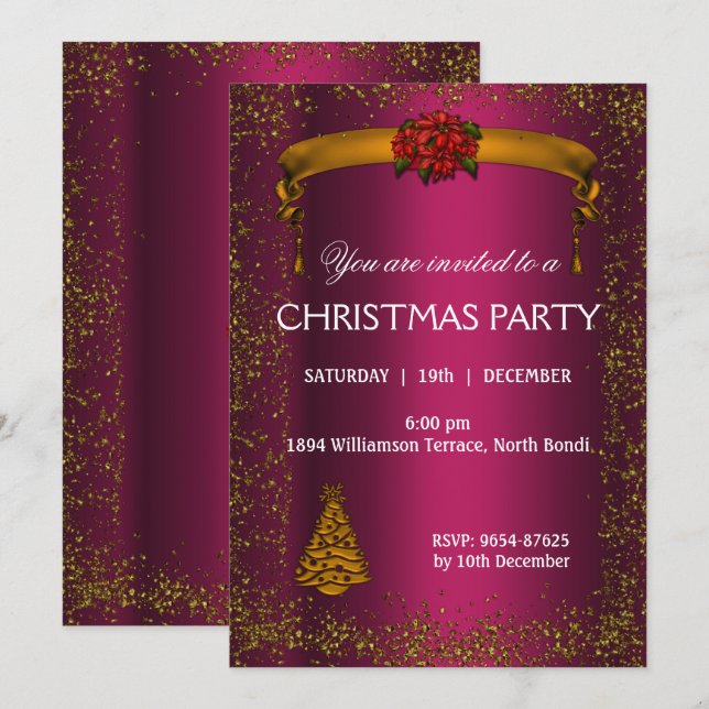 Invitation Noël Parties scintillant rose et or (Devant / Derrière)