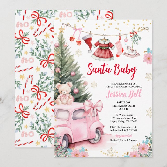 Invitation Noël Père Noël Baby shower fille rose rouge mignon (Devant / Derrière)