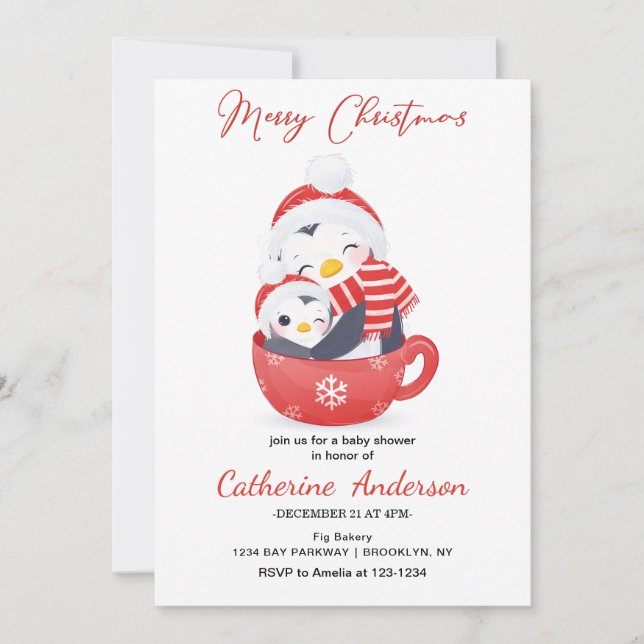 Invitation Noël Petits pingouins dans un Baby shower de tasse (Devant)