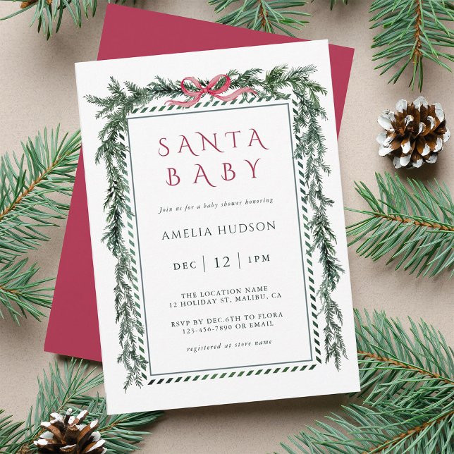 Invitation Noël Pine Garland Père Noël Baby shower (Créateur téléchargé)