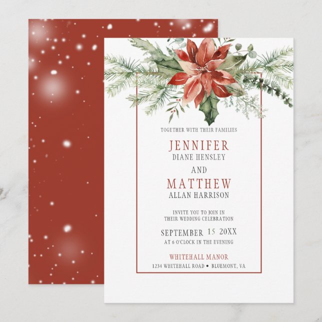Invitation Noël Poinsettia Evergreens Garland Mariage | (Devant / Derrière)