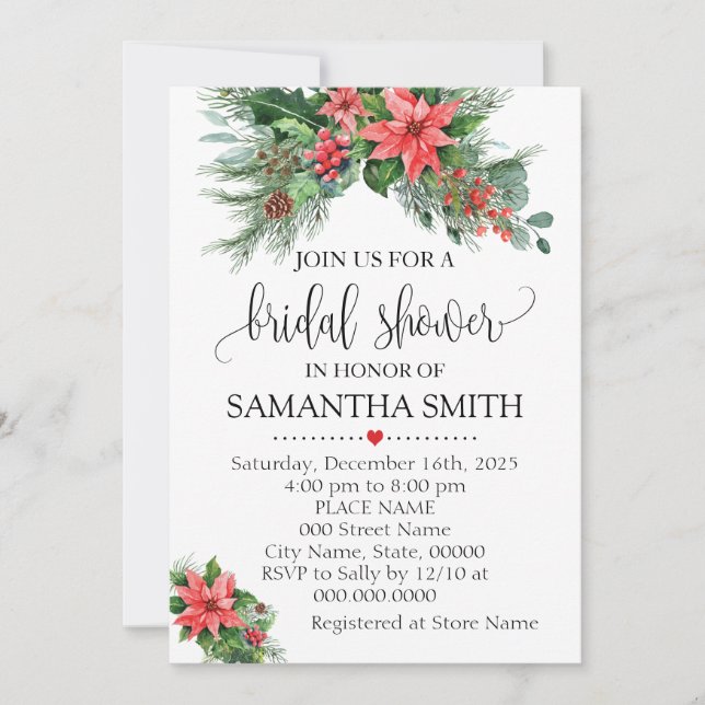 Invitation Noël Poinsettia floral Fête des mariées de vacance (Devant)