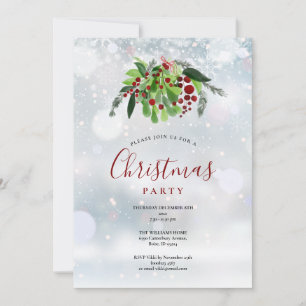 Invitation Noël Red Berries Snowflakes Fête