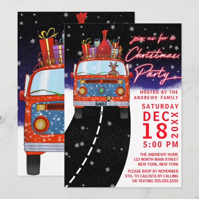 Invitation Noël Red Van Reindeer présente une fête de neige (Devant / Derrière)