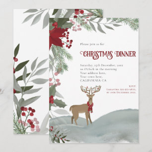 Invitation Noël Reindeer Red Berries Grey Foliing Neige