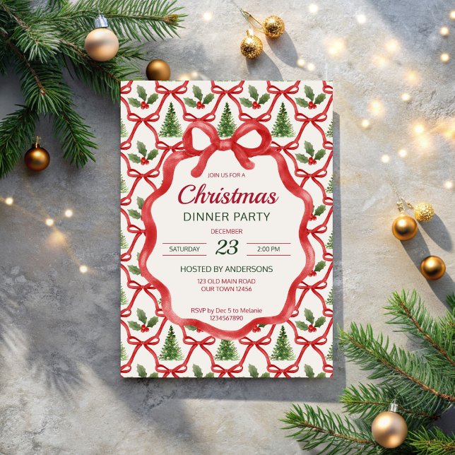 Invitation Noël rétro raypes grand-milenium dîner fête (Christmas retro red bow wavy border grandmilenial dinner party invitation cards template)