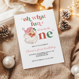 Invitation Noël rétro rose Santa Premier Anniversaire