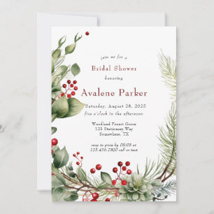 Invitation Noël Rouge Berries Pine Fête des mariées Wreath