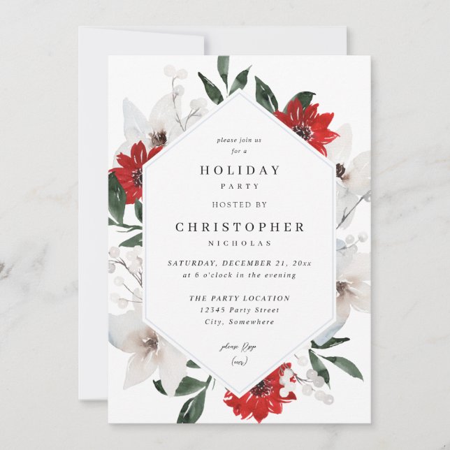 Invitation Noël rouge et blanc ou fête florale de vacances (Devant)