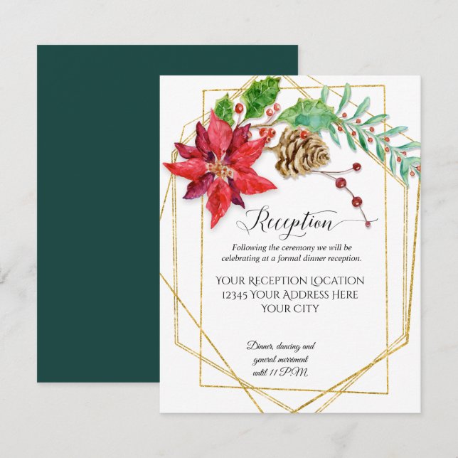 Invitation Noël Rouge Floral or Vert Mariage géométrique (Devant / Derrière)