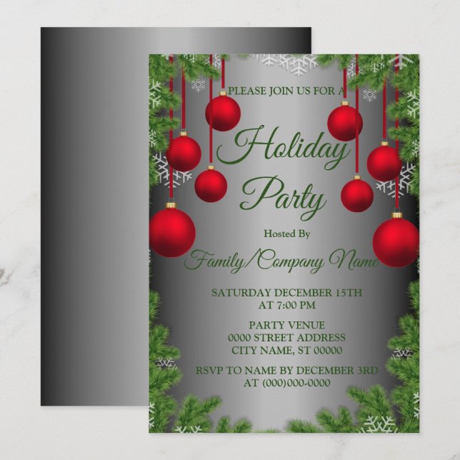 Invitation Noël Rouge Ornements Fête des Vacances Vertes (Devant / Derrière)