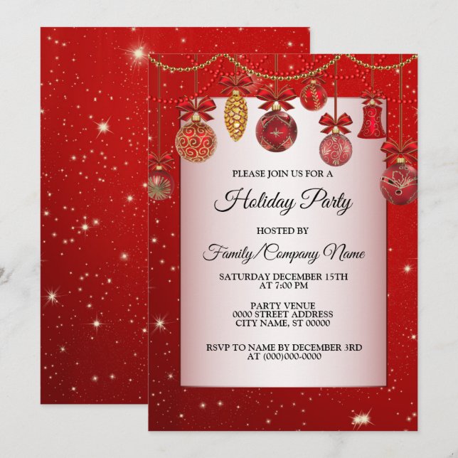 Invitation Noël Rouge Ornements Vacances Parkle Élégant (Devant / Derrière)