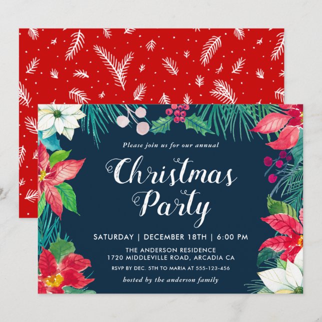Invitation Noël Rouge Poinsettia Fête de Fêtes Florales (Devant / Derrière)