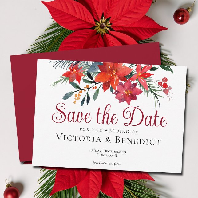Invitation Noël rouge Poinsettia Holiday Enregistrer la date (Créateur téléchargé)