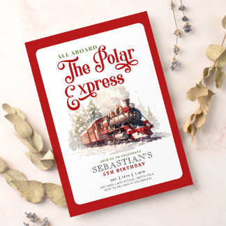 Invitation Noël rouge train l'express polaire anniversaire