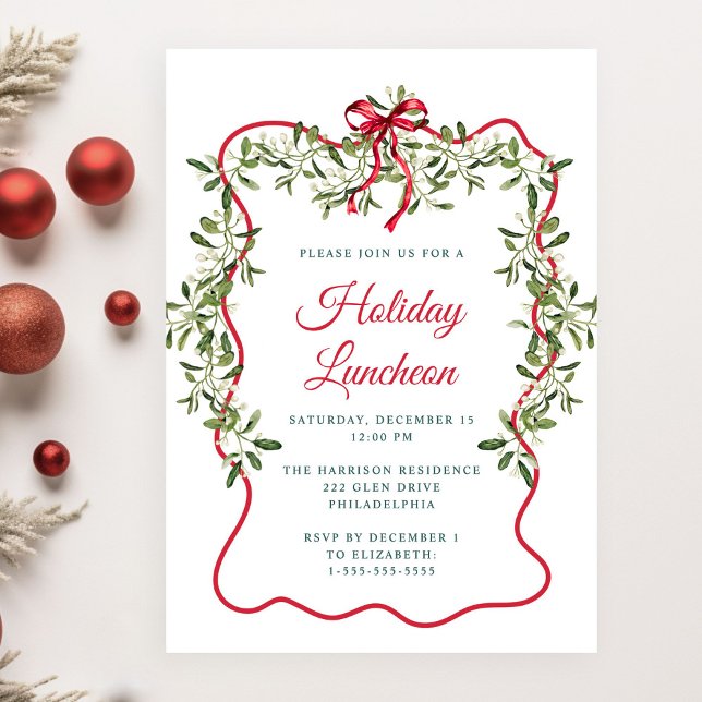 Invitation Noël Rouge Verre Cadre Vert Vacances Déjeuner (Créateur téléchargé)
